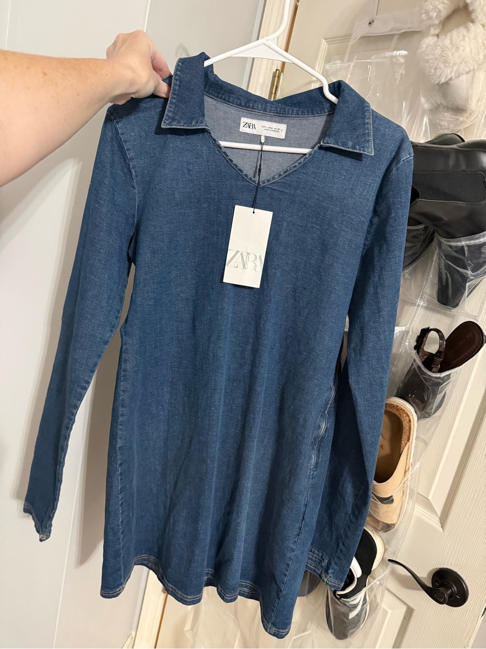 Zara Blue Denim-Look V-Neck Tunic Mini Dress